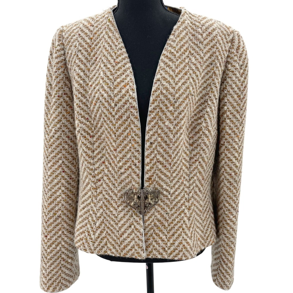 Vintage Herringbone Blazer Tan Metallic Tweed Jacket‎ Ornate Floral Clasp Small